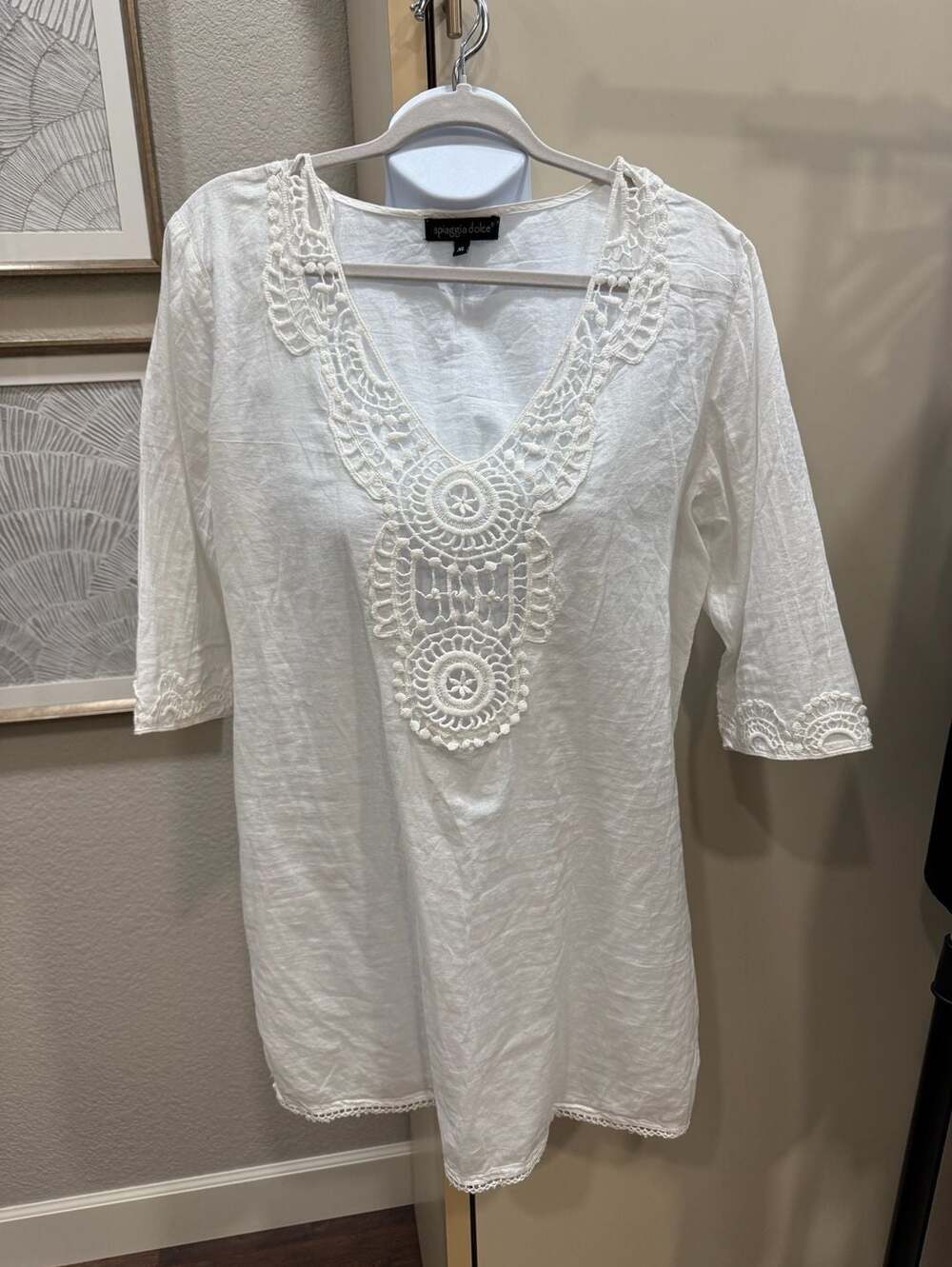 Spiaggia Dolce White Crochet V-Neck Tunic Swim Cover-Up Size XL